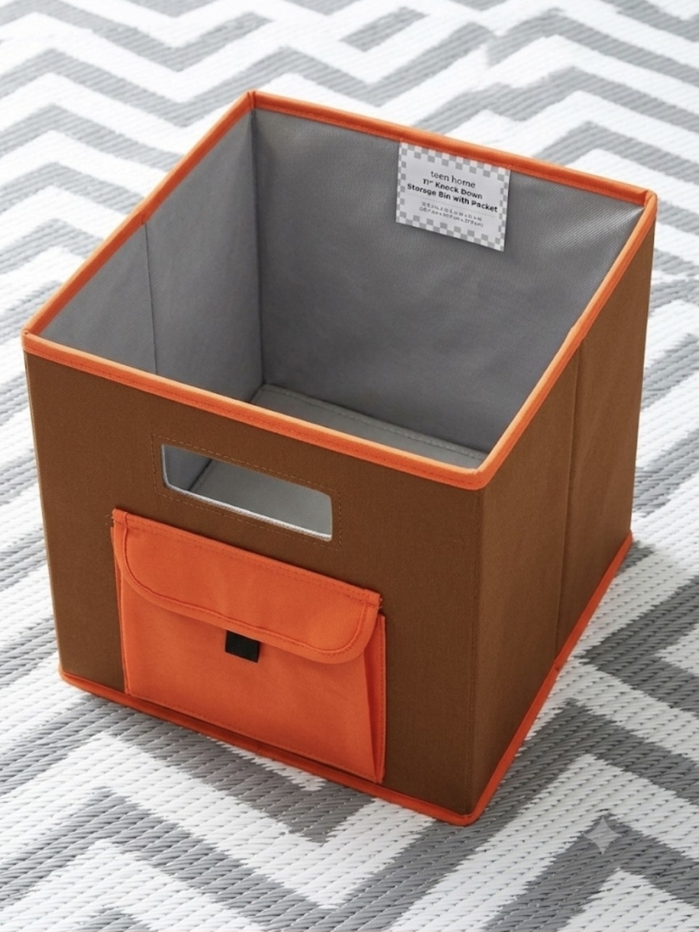 Folding Storage Bin with Front Pocket - Brown & Orange